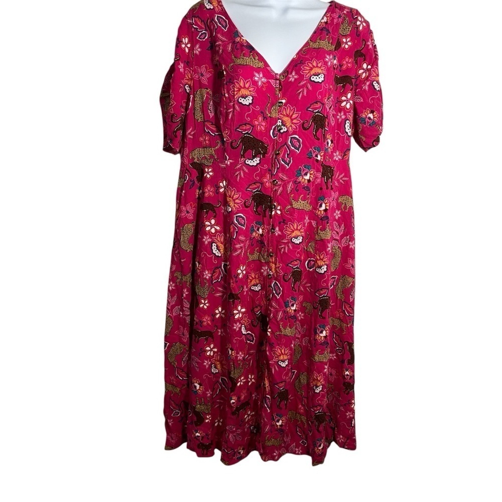 Torrid Pink Animal Print Jungle Floral Midi Dress Plus Size 1X Ruched Sleeve